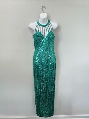 Vintage Cache Emerald Sequin Halter Gown Women’s Size 4 Formal